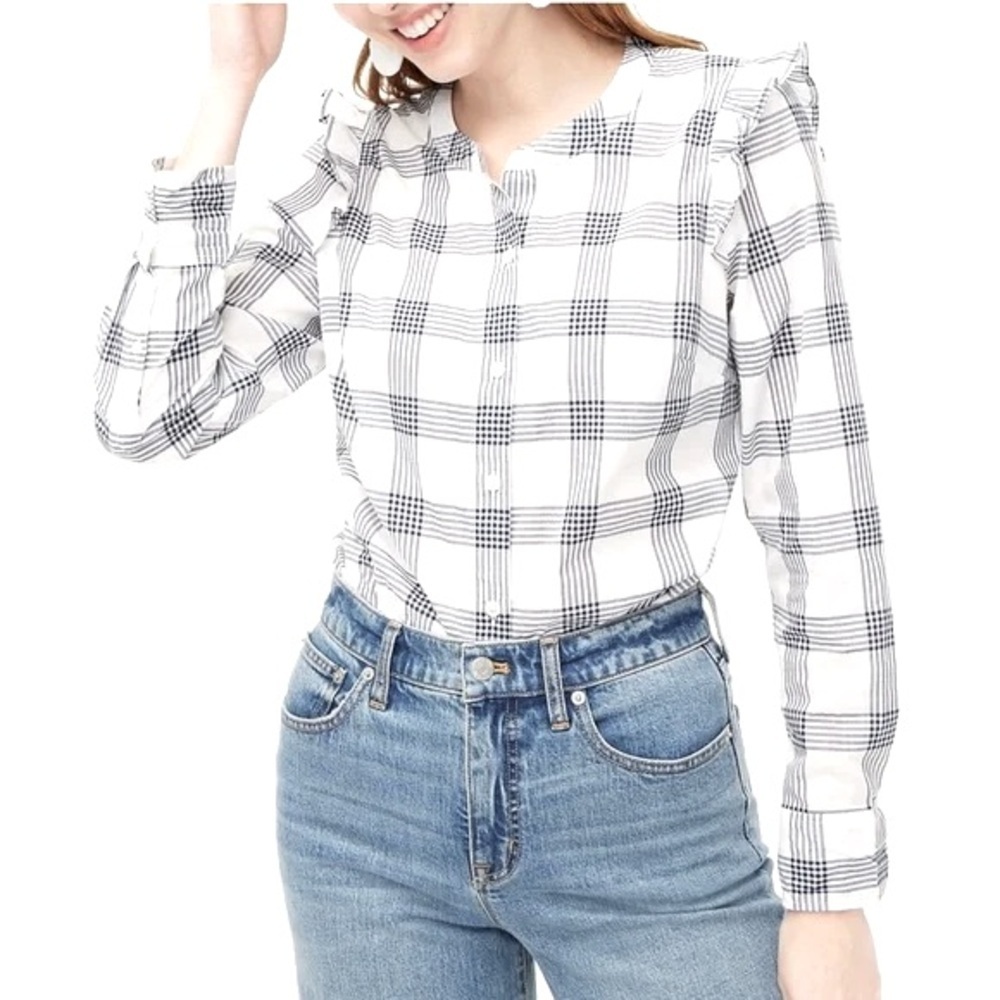 J.Crew plaid ruffle sleeve 100% cotton button blouse top SM classic preppy fall